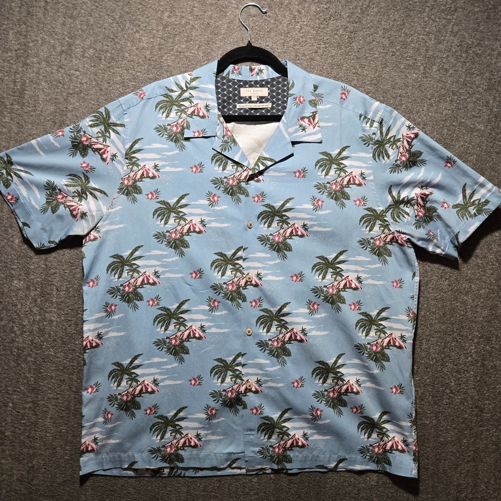 Ted Baker Shirt Mens 7 2XL Blue Floral Cotton Short Sleeve Button Front Hawaiian